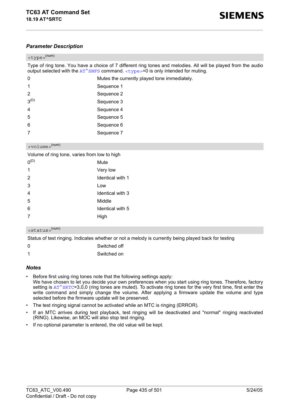 Type, Volume, Cting | Srtc, Status, Tc63 at command set | Siemens TC63 User Manual | Page 435 / 501