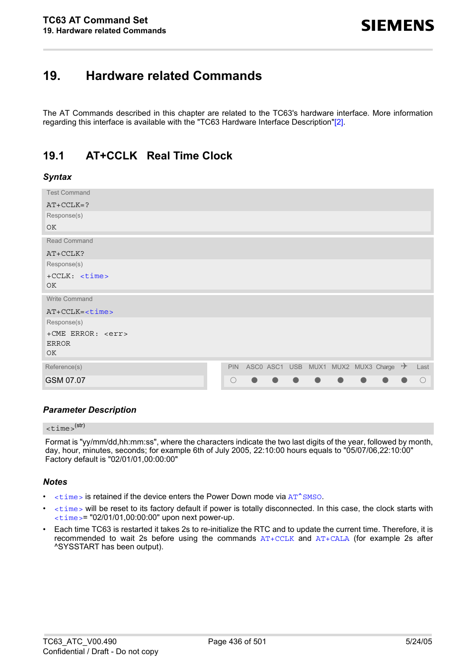 Hardware related commands, 1 at+cclk real time clock, Tc63 at command set | Siemens TC63 User Manual | Page 436 / 501