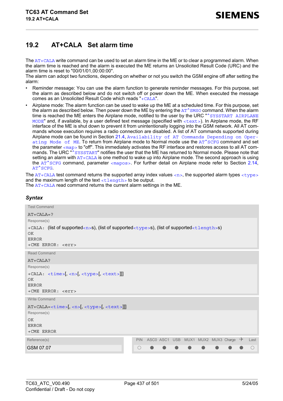 2 at+cala set alarm time, At+cala, Tc63 at command set | Siemens TC63 User Manual | Page 437 / 501