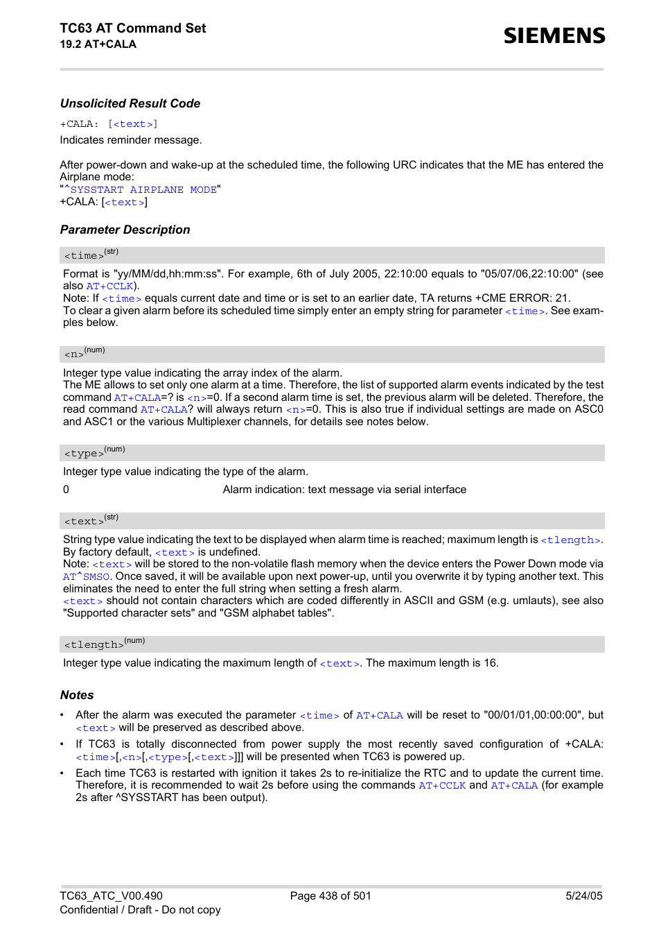 Text, Time, Cala | With, Lues, Type, E text, Tlength, S), (list of, Tc63 at command set | Siemens TC63 User Manual | Page 438 / 501