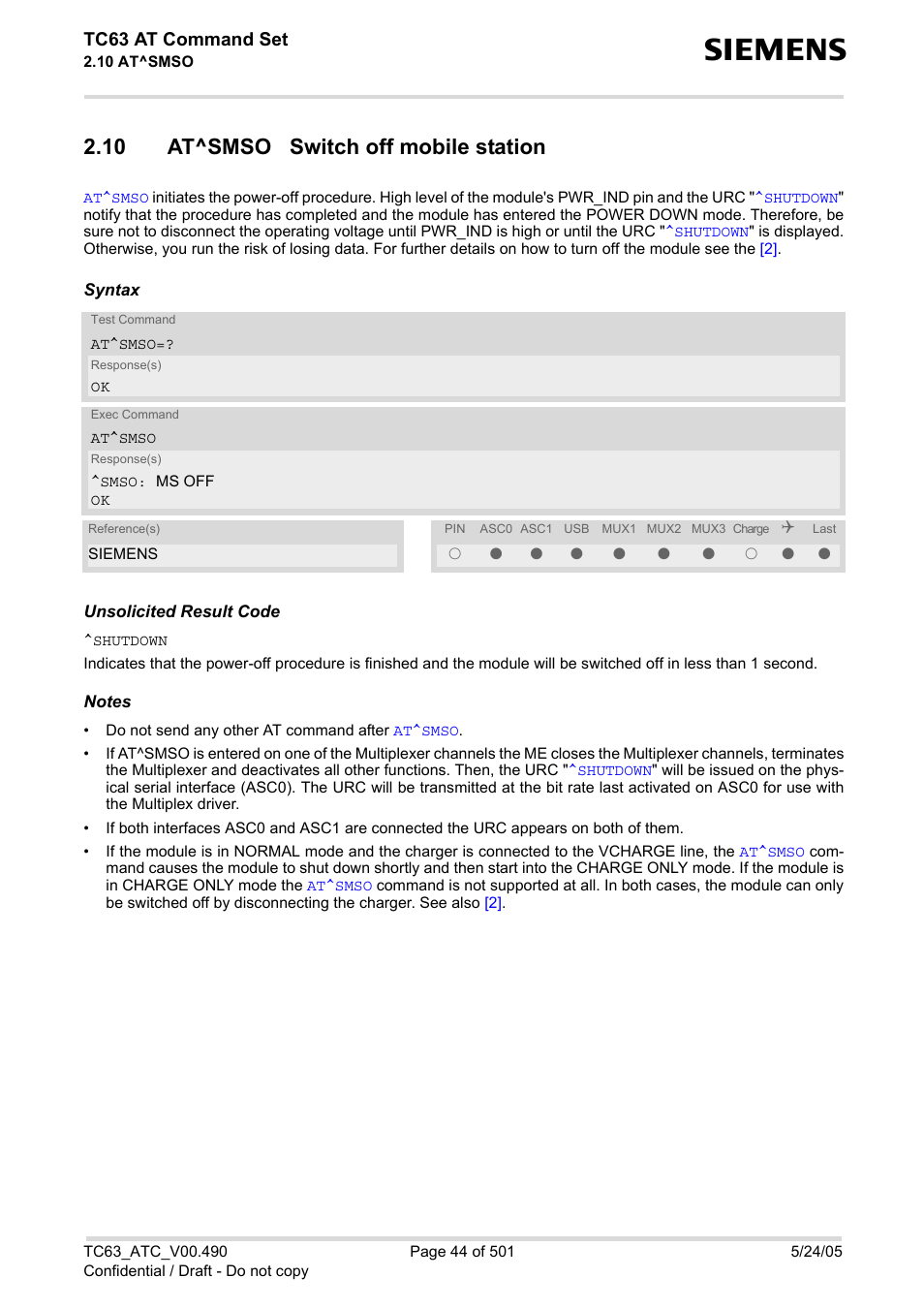 10 at^smso switch off mobile station, Shutdown, Sysstart <text | Tc63 at command set | Siemens TC63 User Manual | Page 44 / 501