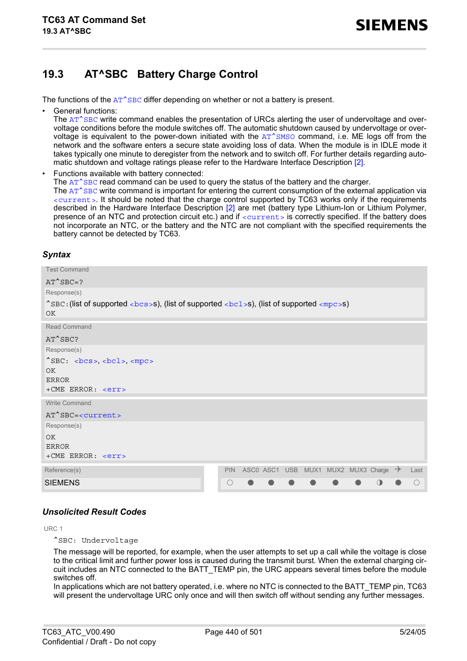3 at^sbc battery charge control, At^sbc, Tc63 at command set | Siemens TC63 User Manual | Page 440 / 501