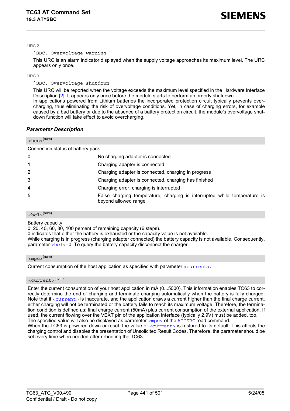 Current, It shou, At^sbc | Tc63 at command set | Siemens TC63 User Manual | Page 441 / 501