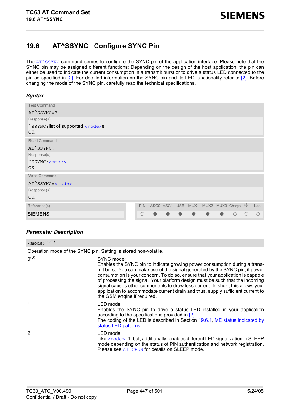 6 at^ssync configure sync pin, At^ssync, Tc63 at command set | Siemens TC63 User Manual | Page 447 / 501