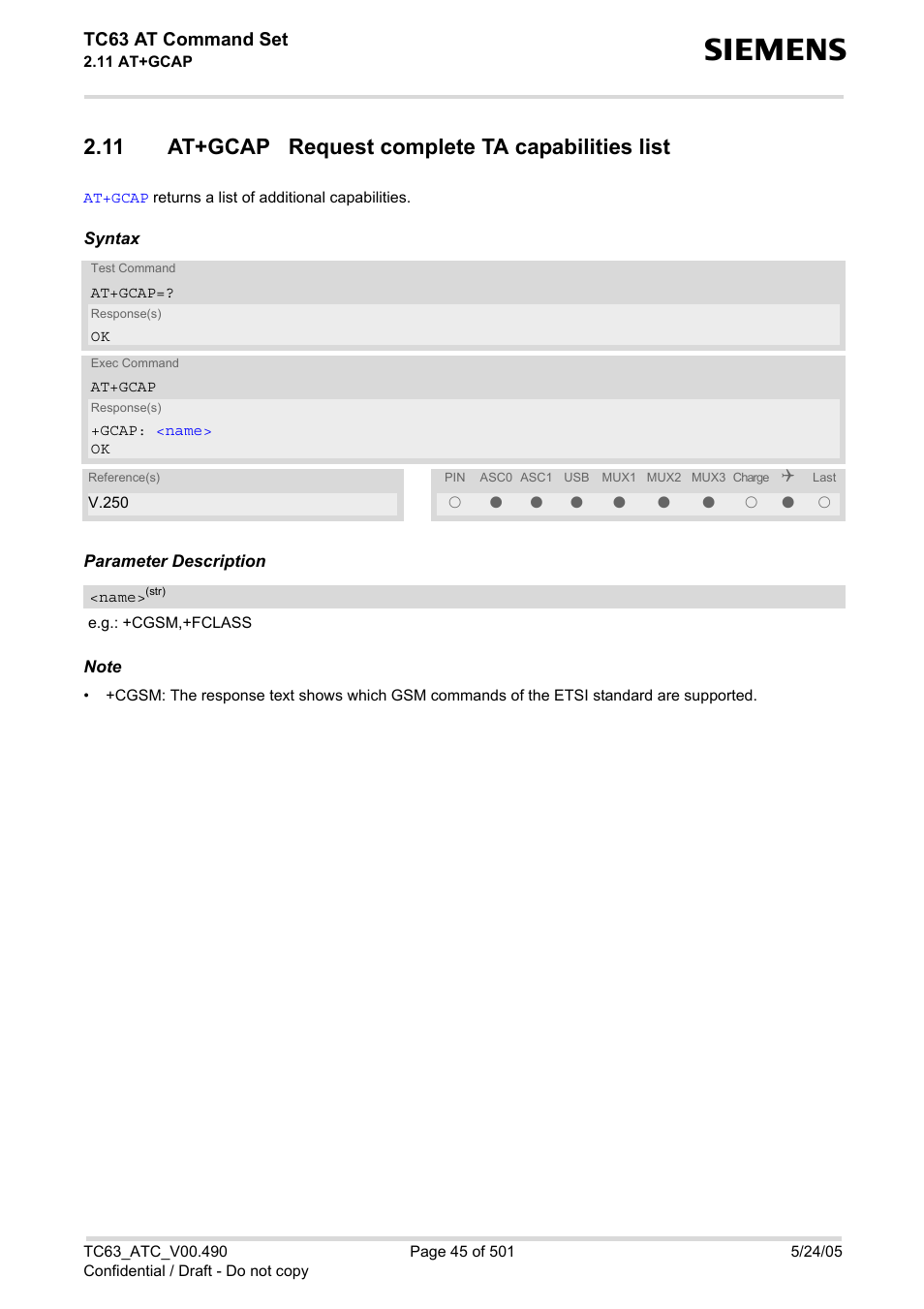 11 at+gcap request complete ta capabilities list, Tc63 at command set | Siemens TC63 User Manual | Page 45 / 501