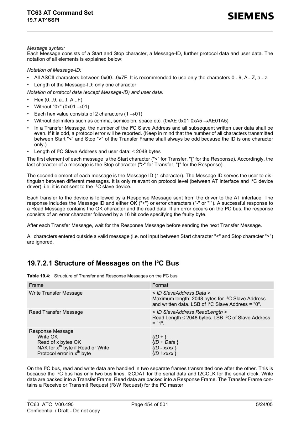 1 structure of messages on the i·c bus, 1structure of messages on the i²c bus, Table 19.4 | 1 structure of messages on the i²c bus, Tc63 at command set | Siemens TC63 User Manual | Page 454 / 501