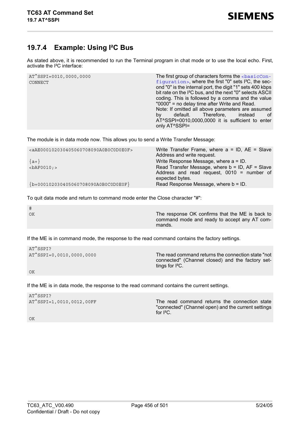 4 example: using i·c bus, 4 example: using i²c bus, Tc63 at command set | Siemens TC63 User Manual | Page 456 / 501