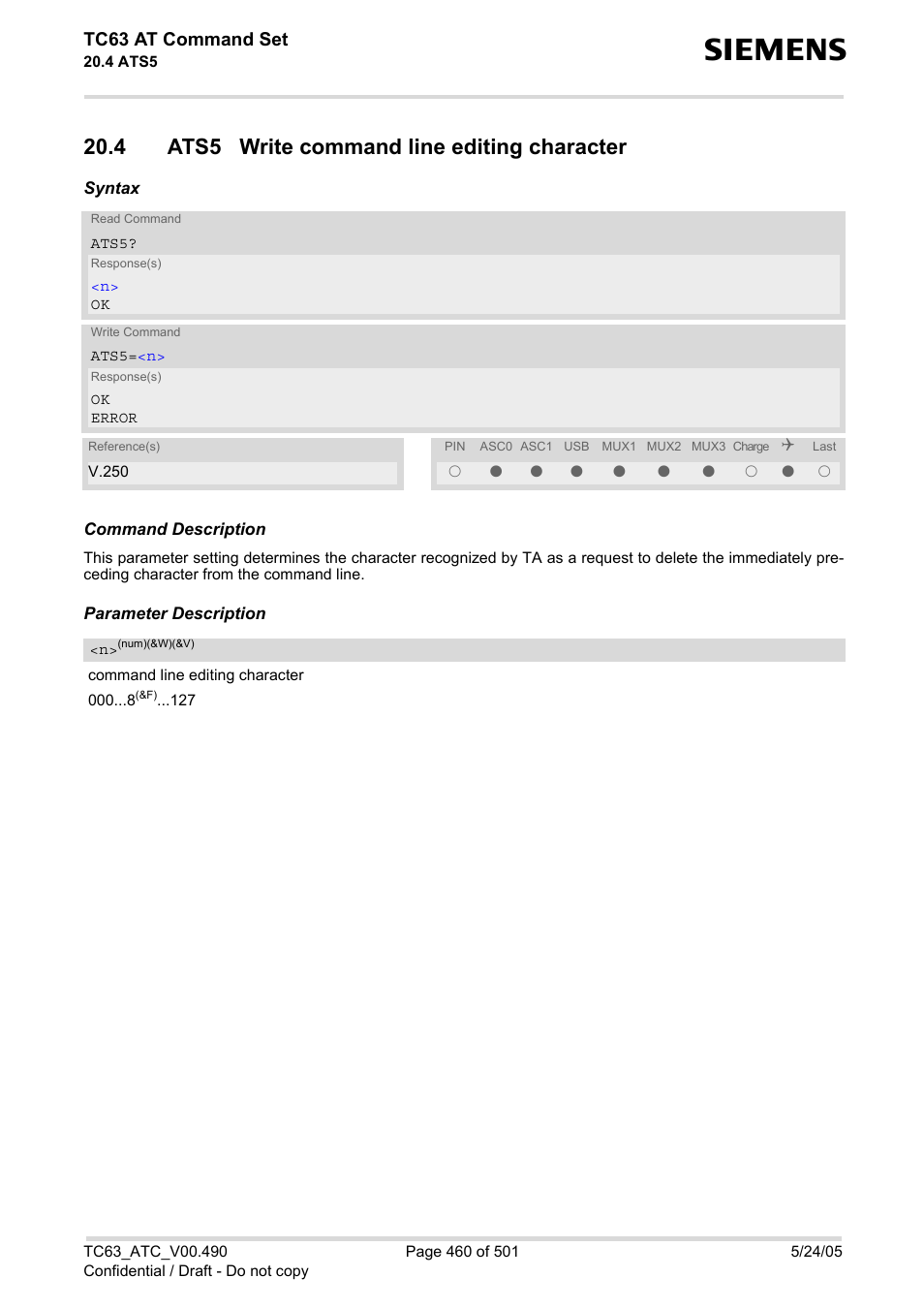 4 ats5 write command line editing character, Tc63 at command set | Siemens TC63 User Manual | Page 460 / 501