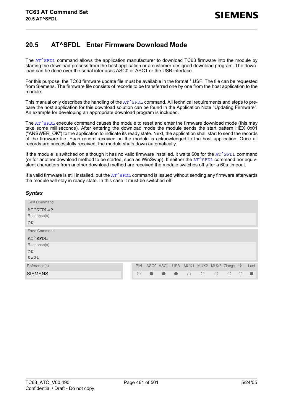 5 at^sfdl enter firmware download mode, Tc63 at command set | Siemens TC63 User Manual | Page 461 / 501