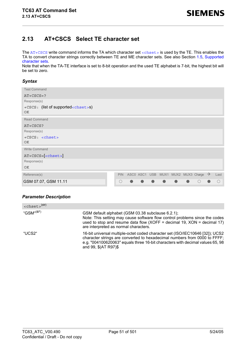 13 at+cscs select te character set, Chset, At+cscs | For details), Tc63 at command set | Siemens TC63 User Manual | Page 51 / 501