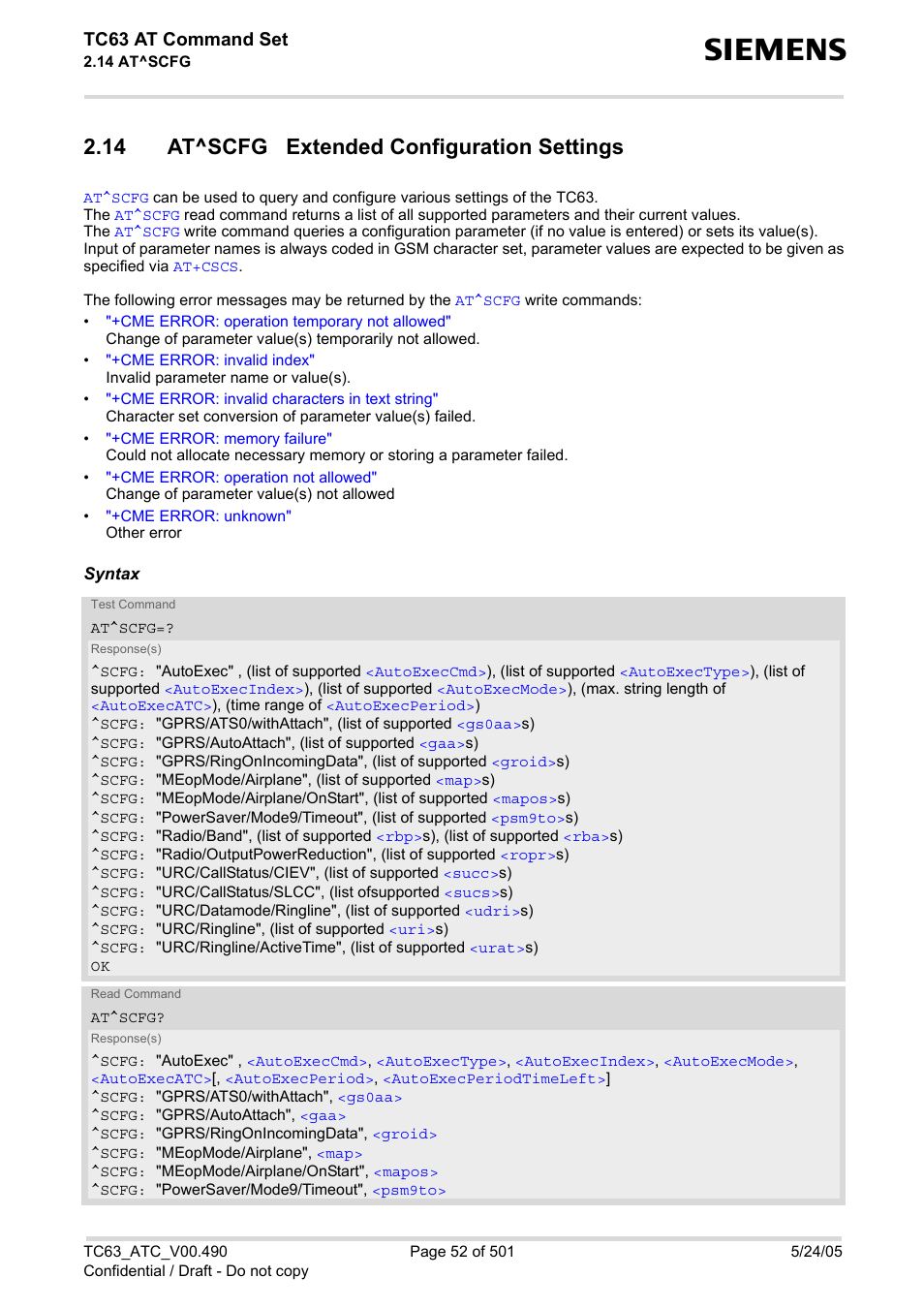 14 at^scfg extended configuration settings, At^scfg, Tc63 at command set | Siemens TC63 User Manual | Page 52 / 501