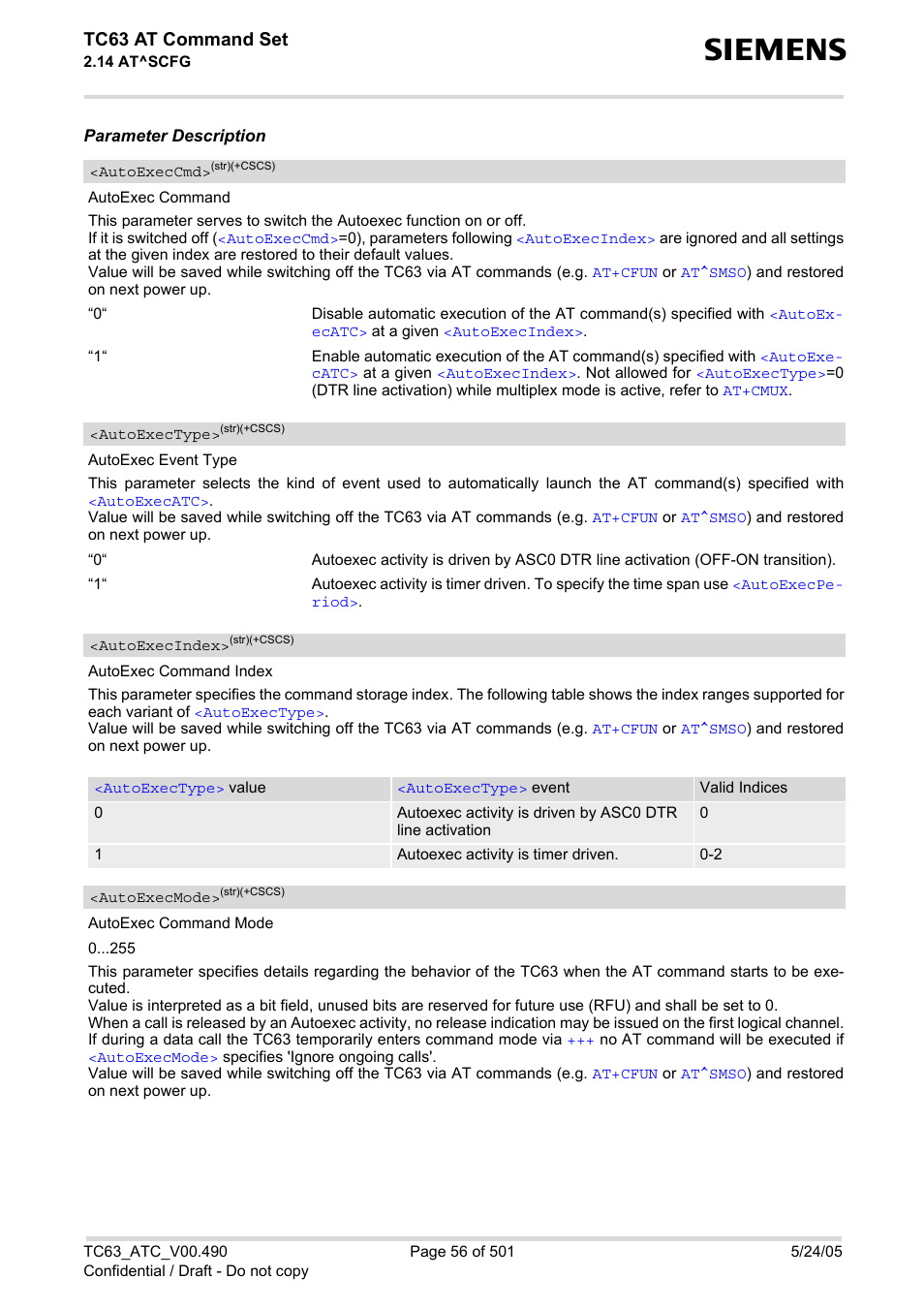 Autoexeccmd, Autoexectype, Autoexecindex | Autoexecmode, Autoexec, Tc63 at command set | Siemens TC63 User Manual | Page 56 / 501