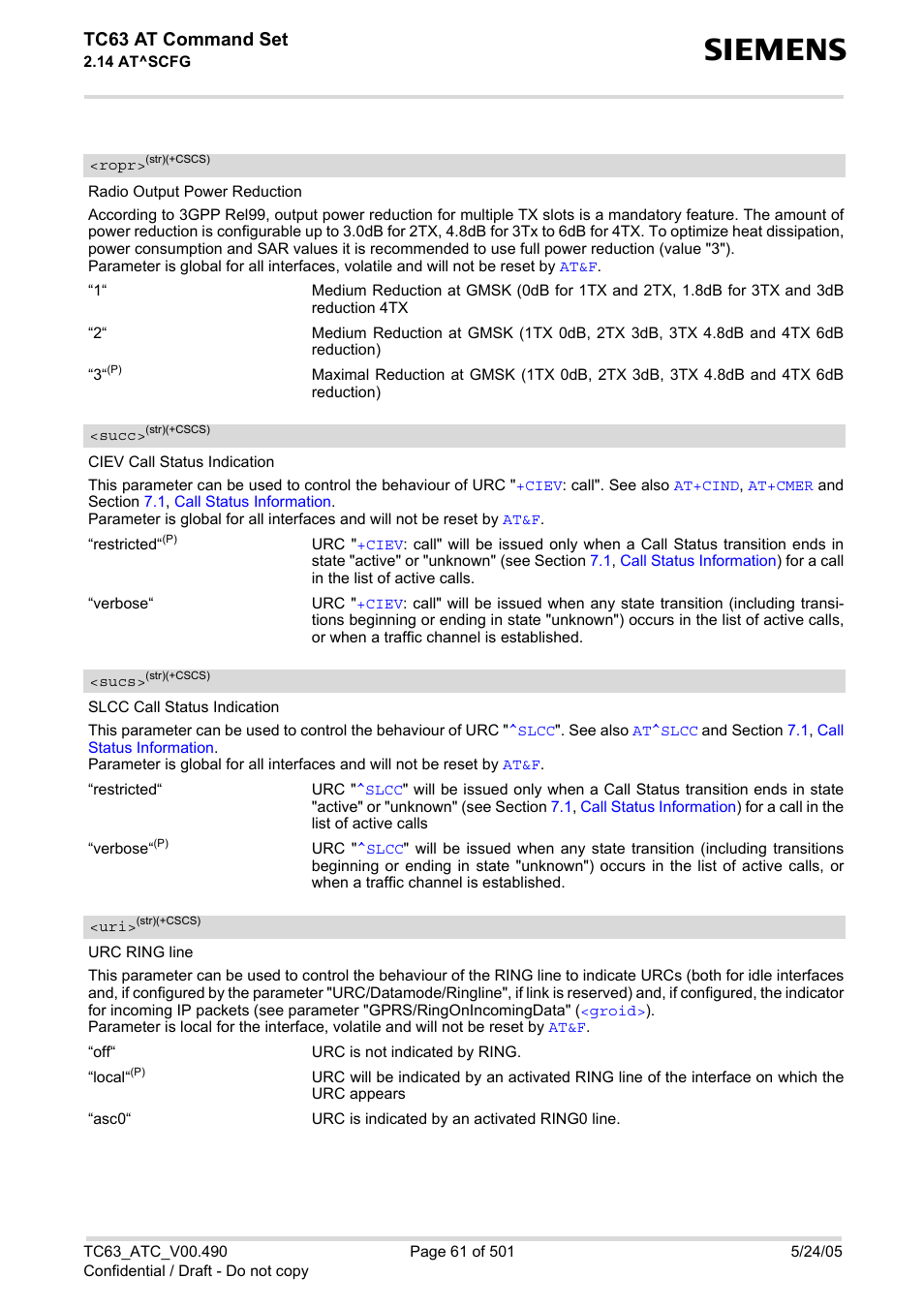 Ropr, Succ, List ofsupported | Sucs, Pported, Tc63 at command set | Siemens TC63 User Manual | Page 61 / 501