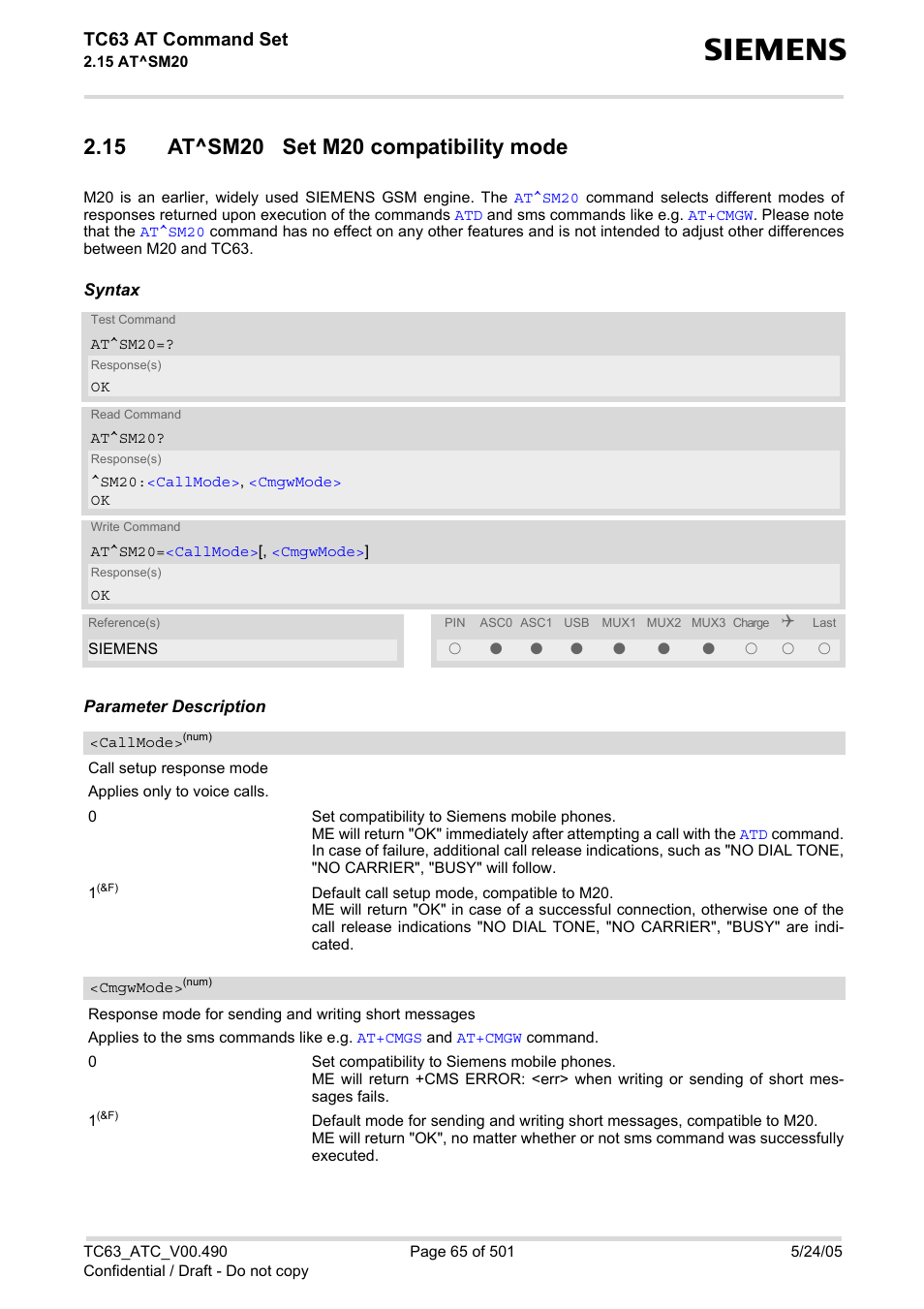 15 at^sm20 set m20 compatibility mode, Tc63 at command set | Siemens TC63 User Manual | Page 65 / 501