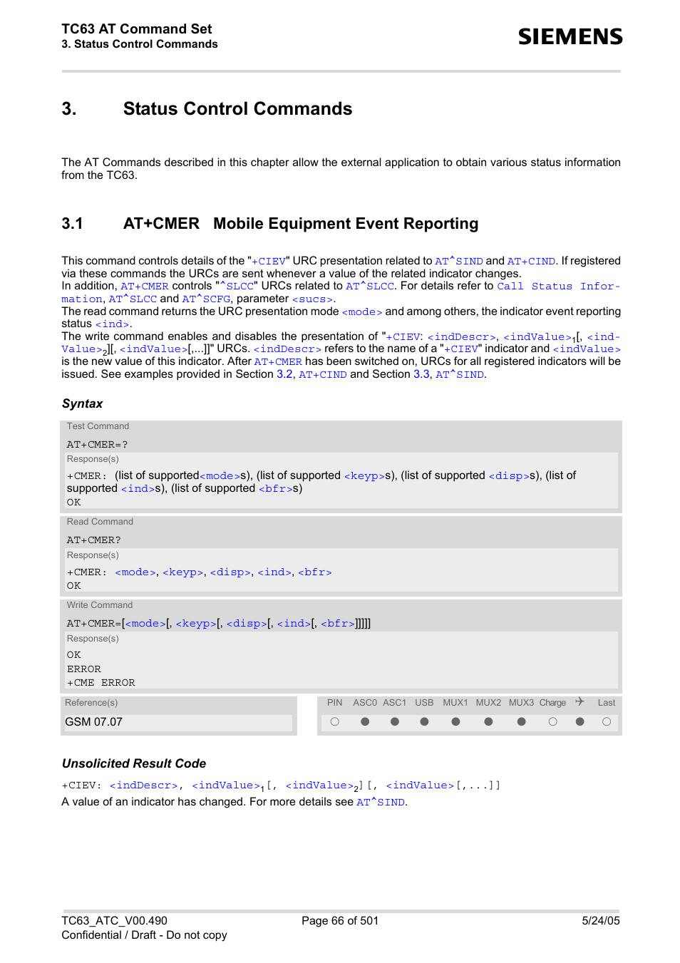 Status control commands, 1 at+cmer mobile equipment event reporting, At+cmer mobile equipment event reporting | At+cmer, Of urc, Ciev, Call, Tc63 at command set | Siemens TC63 User Manual | Page 66 / 501