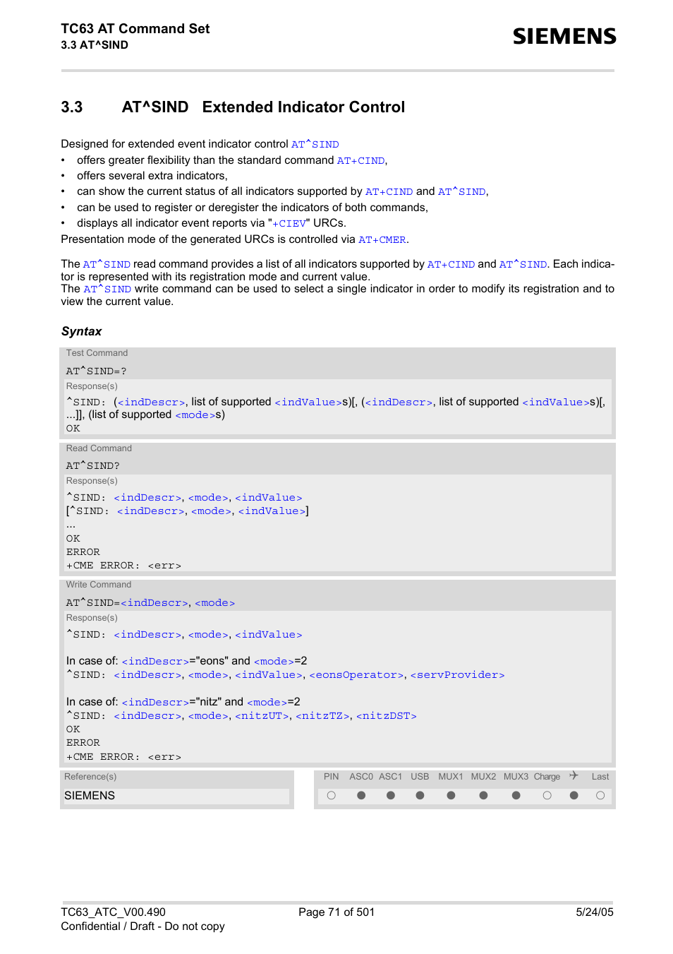 3 at^sind extended indicator control, At^sind extended indicator control, At^sind | Section, Ble via, Tc63 at command set | Siemens TC63 User Manual | Page 71 / 501
