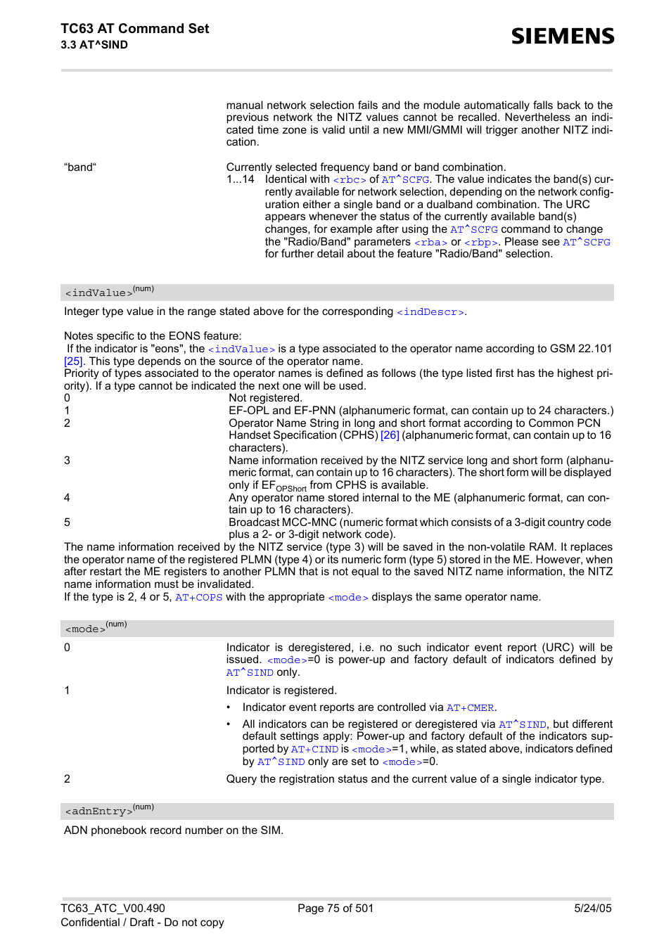 Indvalue, Mode, Adnentry | 2 display, The following two sim elementary, Tc63 at command set | Siemens TC63 User Manual | Page 75 / 501