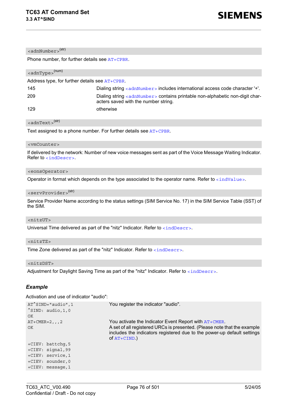 Eonsoperator, Servprovider, Nitzut | Nitztz, Nitzdst, Adnnumber, Adntype, Adntext, Vmcounter, Tc63 at command set | Siemens TC63 User Manual | Page 76 / 501