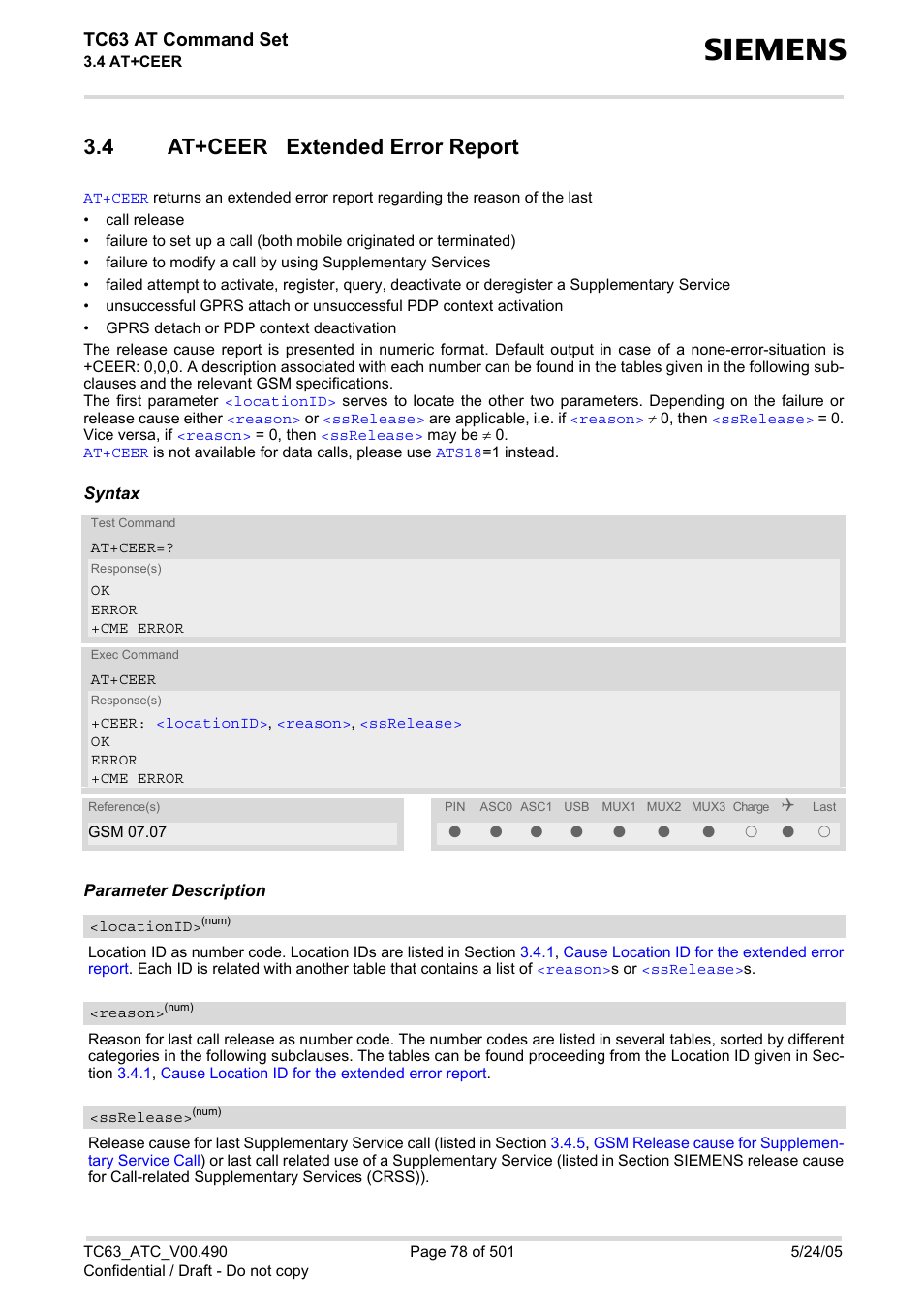 4 at+ceer extended error report, At+ceer extended error report, At+ceer | Tc63 at command set | Siemens TC63 User Manual | Page 78 / 501