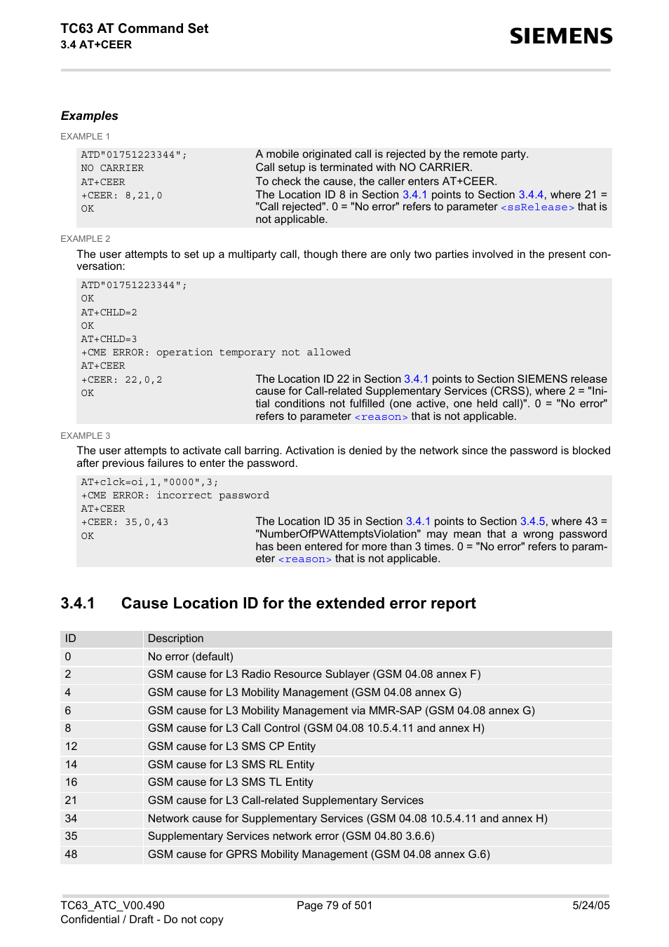 1 cause location id for the extended error report, Cause location id for the extended error report, Cause location id for the extended error | Report, Tion, Tc63 at command set | Siemens TC63 User Manual | Page 79 / 501