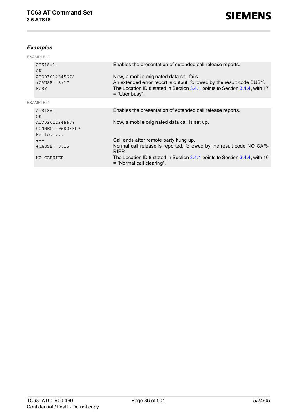 Tc63 at command set | Siemens TC63 User Manual | Page 86 / 501