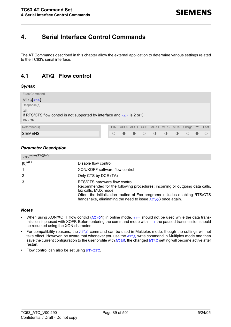 Serial interface control commands, 1 at\q flow control, At\q flow control | At\q, L is, 0 wh, Tc63 at command set | Siemens TC63 User Manual | Page 89 / 501