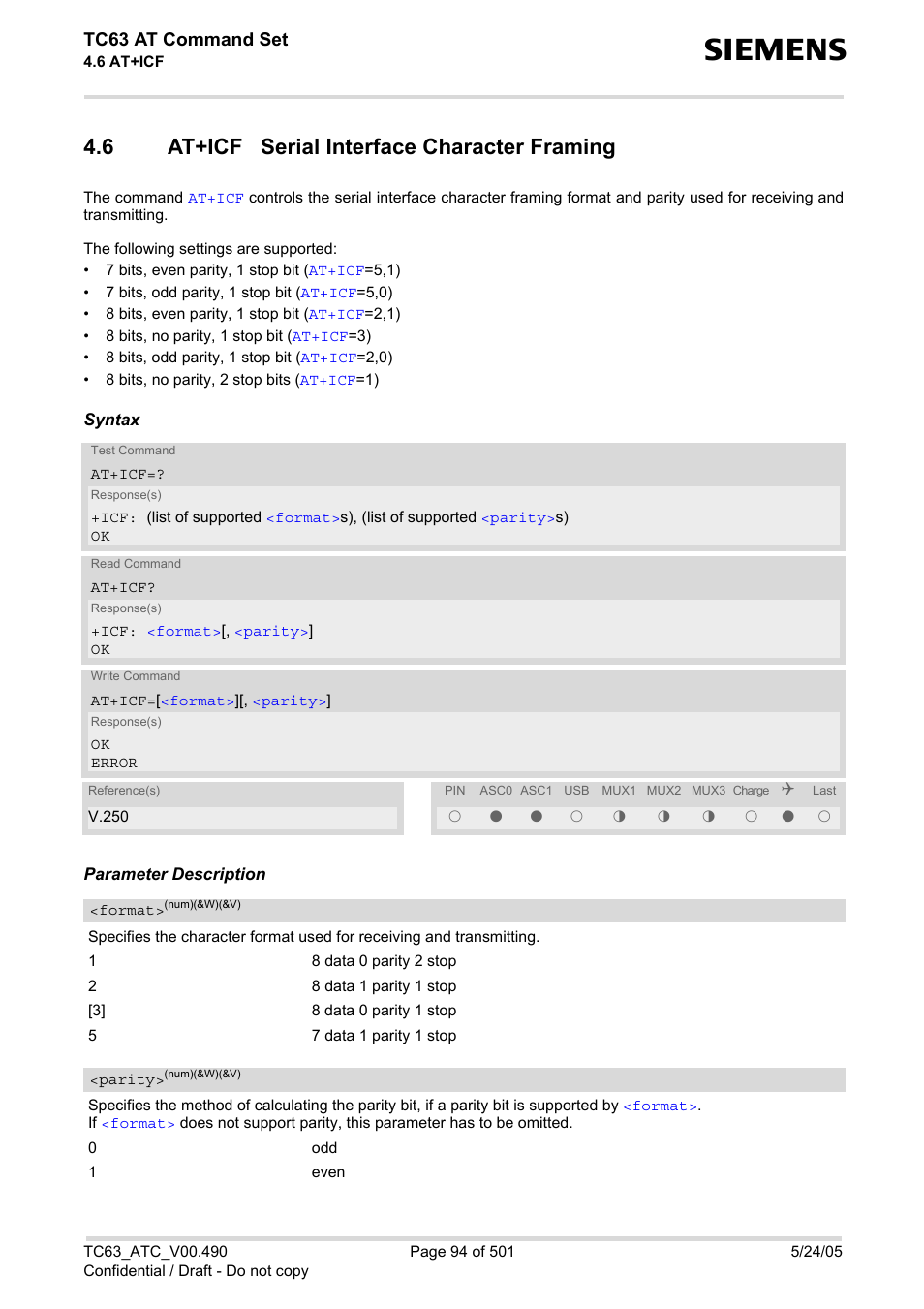 6 at+icf serial interface character framing, At+icf serial interface character framing, Tc63 at command set | Siemens TC63 User Manual | Page 94 / 501