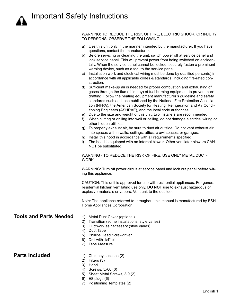 Important safety instructions, Tools and parts needed, Parts included | Siemens LC479050UC User Manual | Page 3 / 20