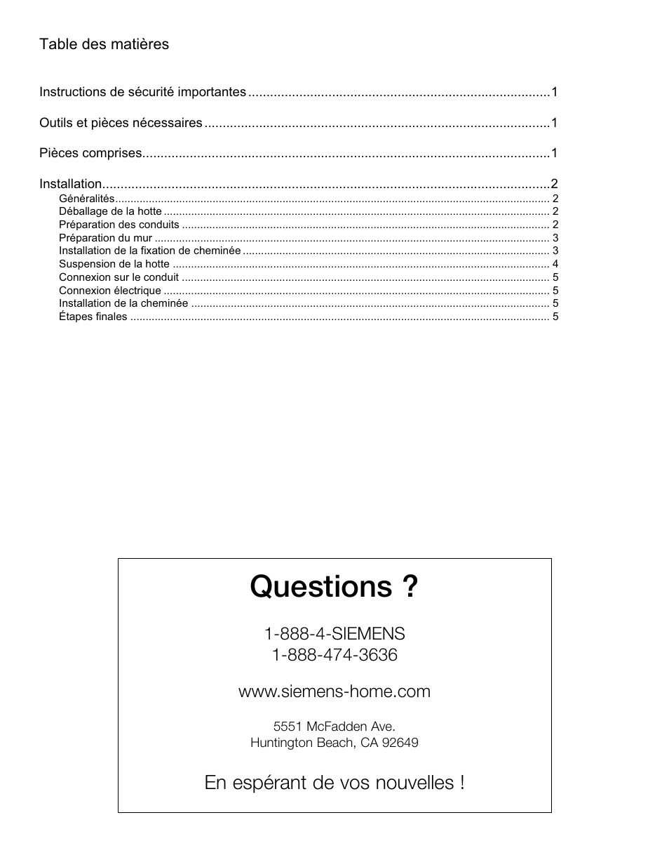 Questions, En espérant de vos nouvelles | Siemens LC479050UC User Manual | Page 8 / 20