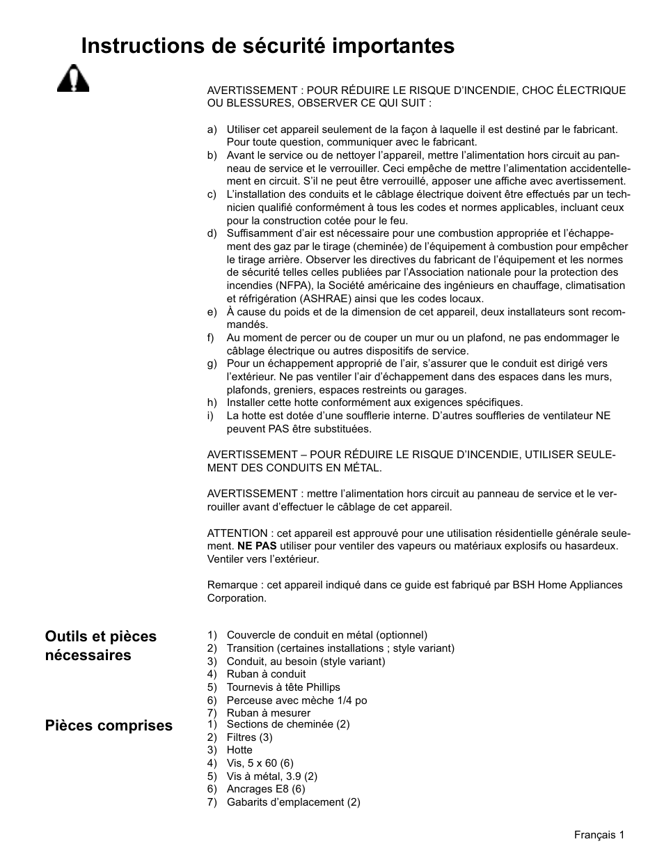 Instructions de sécurité importantes, Outils et pièces nécessaires, Pièces comprises | Siemens LC479050UC User Manual | Page 9 / 20