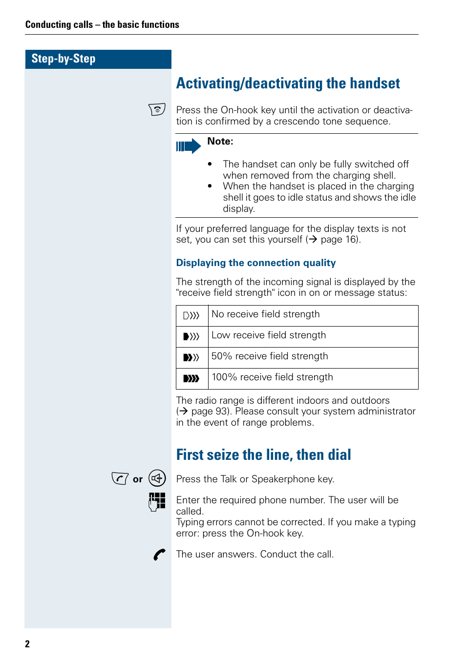 Activating/deactivating the handset, First seize the line, then dial | Siemens 3000 V3.0 User Manual | Page 10 / 106