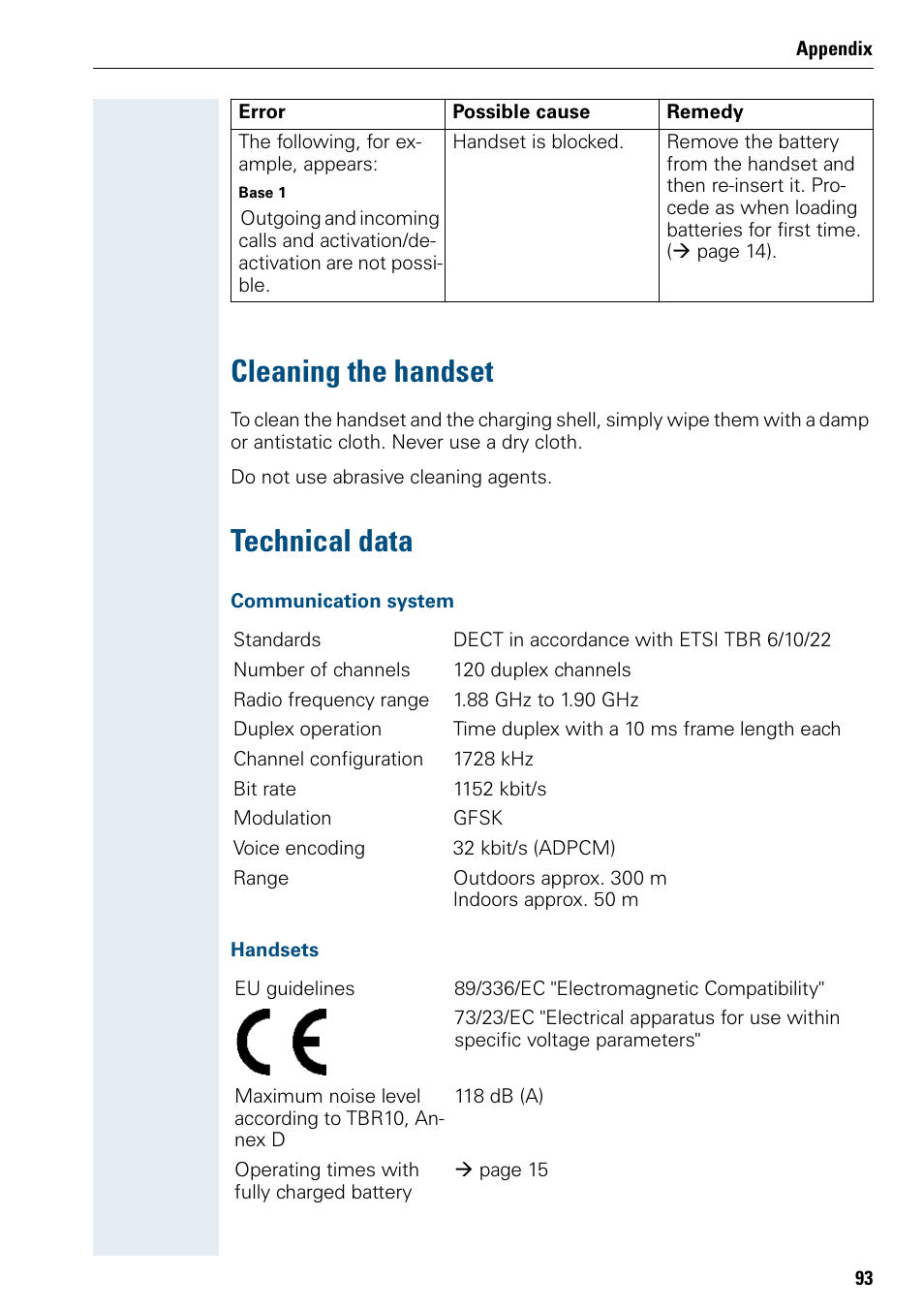 Cleaning the handset, Technical data, Cleaning the handset technical data | Siemens 3000 V3.0 User Manual | Page 101 / 106