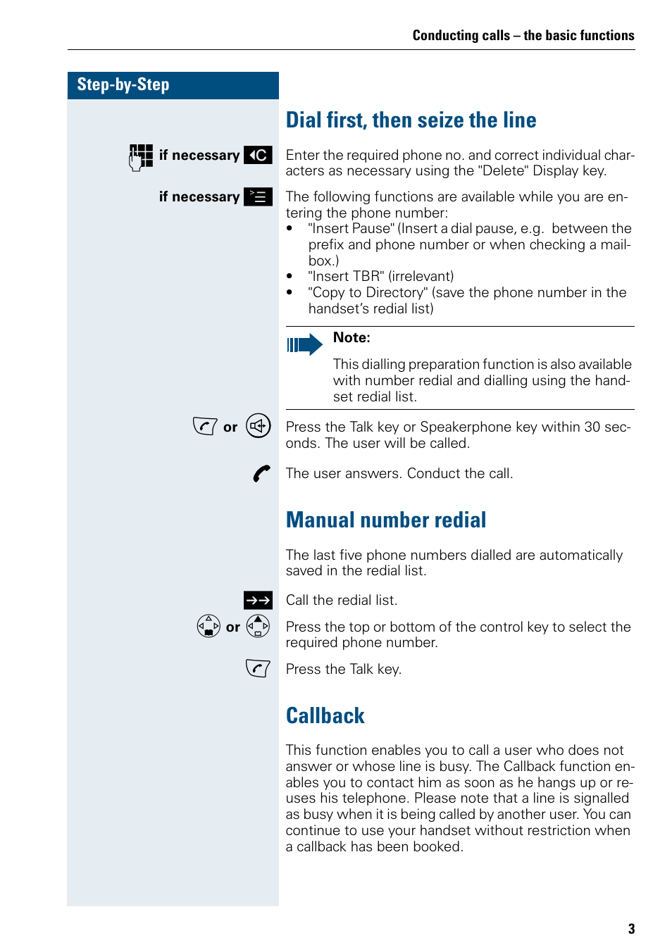 Dial first, then seize the line, Manual number redial, Callback | Siemens 3000 V3.0 User Manual | Page 11 / 106