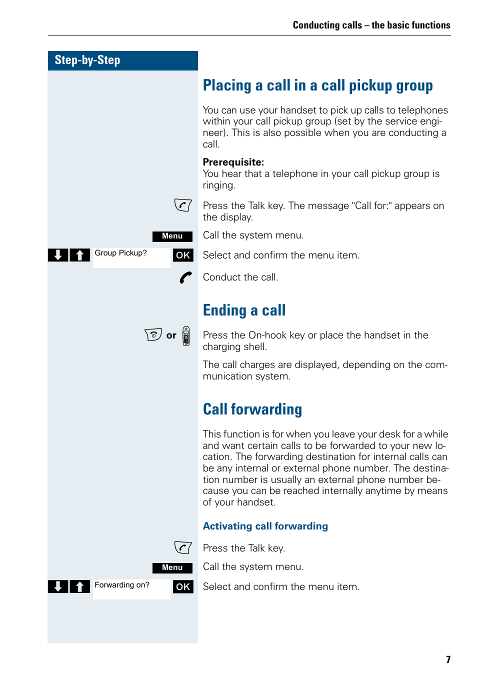 Placing a call in a call pickup group, Ending a call, Call forwarding | Siemens 3000 V3.0 User Manual | Page 15 / 106