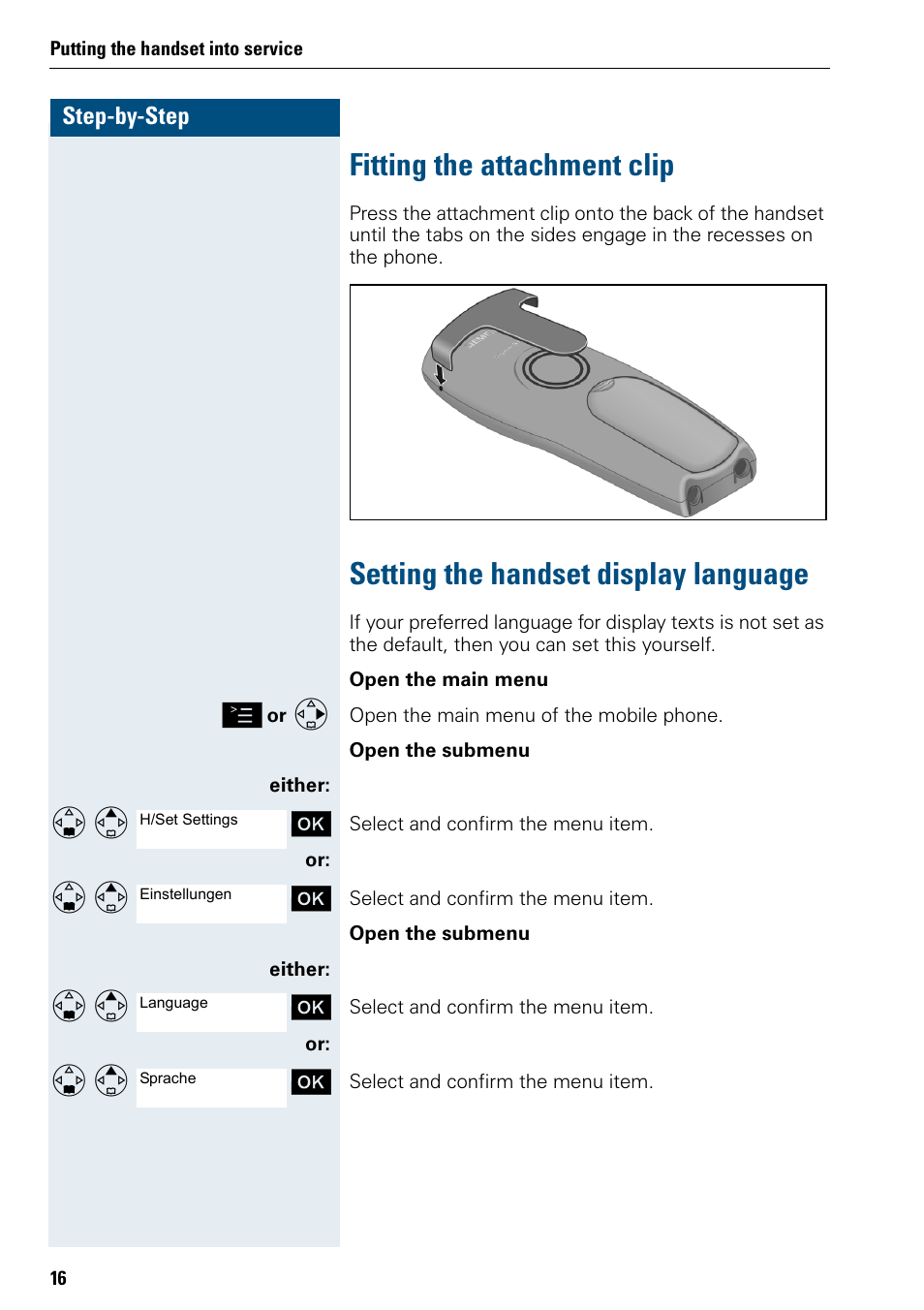 Fitting the attachment clip, Setting the handset display language, Self | Siemens 3000 V3.0 User Manual | Page 24 / 106