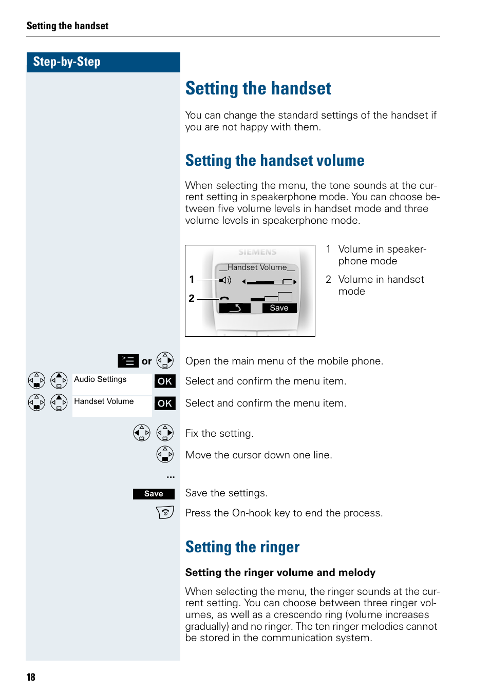 Setting the handset, Setting the handset volume, Setting the ringer | Setting the handset volume setting the ringer | Siemens 3000 V3.0 User Manual | Page 26 / 106