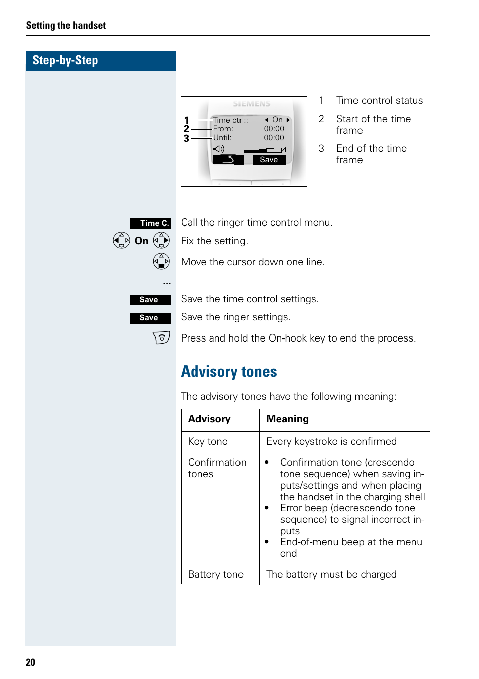 Advisory tones, Step-by-step | Siemens 3000 V3.0 User Manual | Page 28 / 106