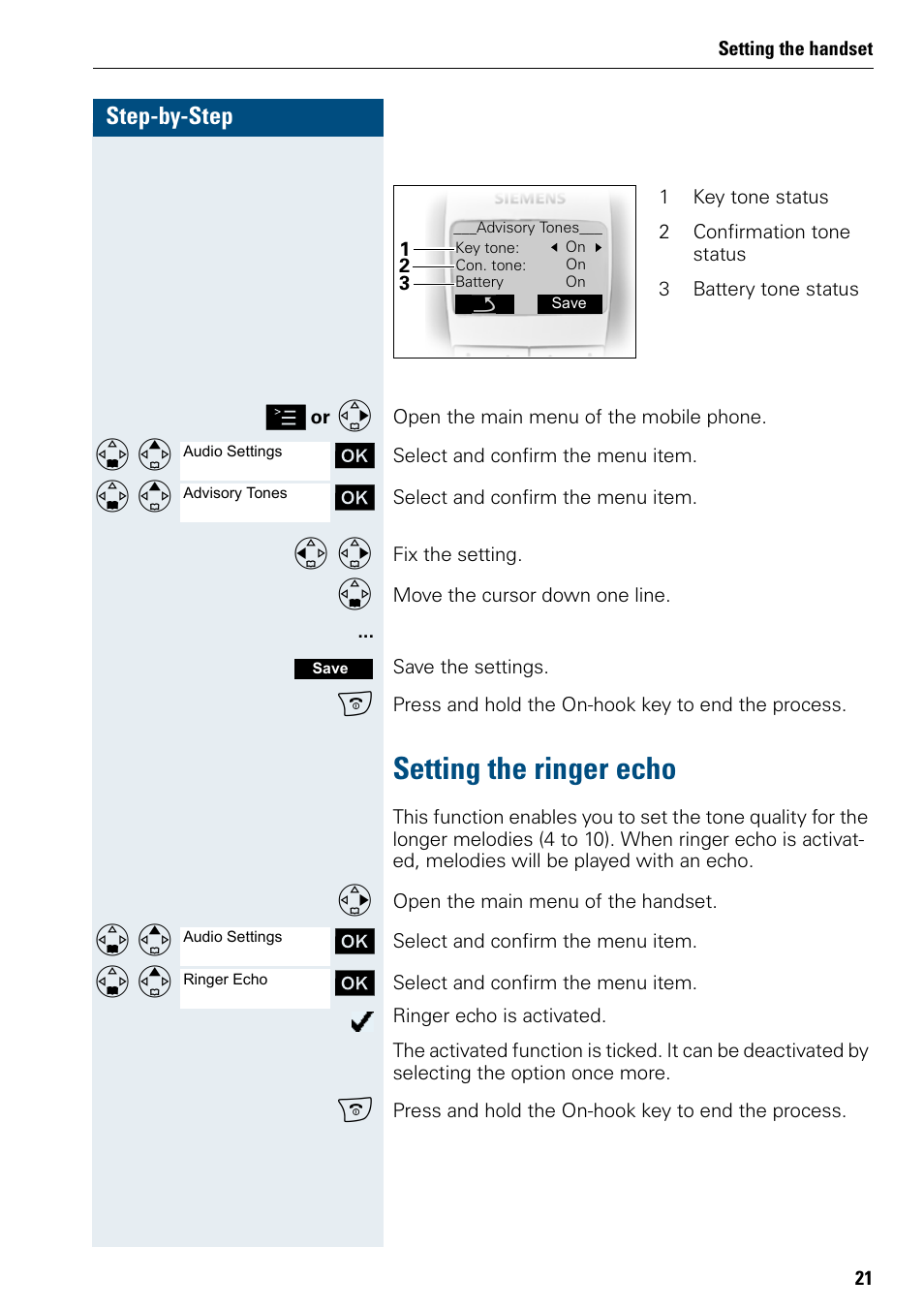 Setting the ringer echo, Step-by-step | Siemens 3000 V3.0 User Manual | Page 29 / 106