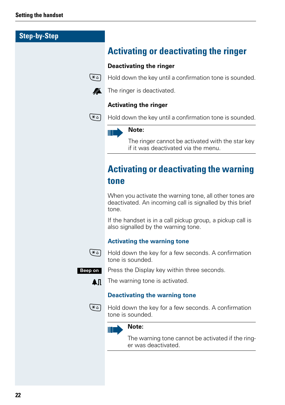 Activating or deactivating the ringer, Activating or deactivating the warning tone | Siemens 3000 V3.0 User Manual | Page 30 / 106