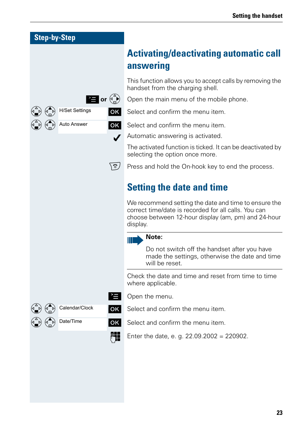 Activating/deactivating automatic call answering, Setting the date and time | Siemens 3000 V3.0 User Manual | Page 31 / 106