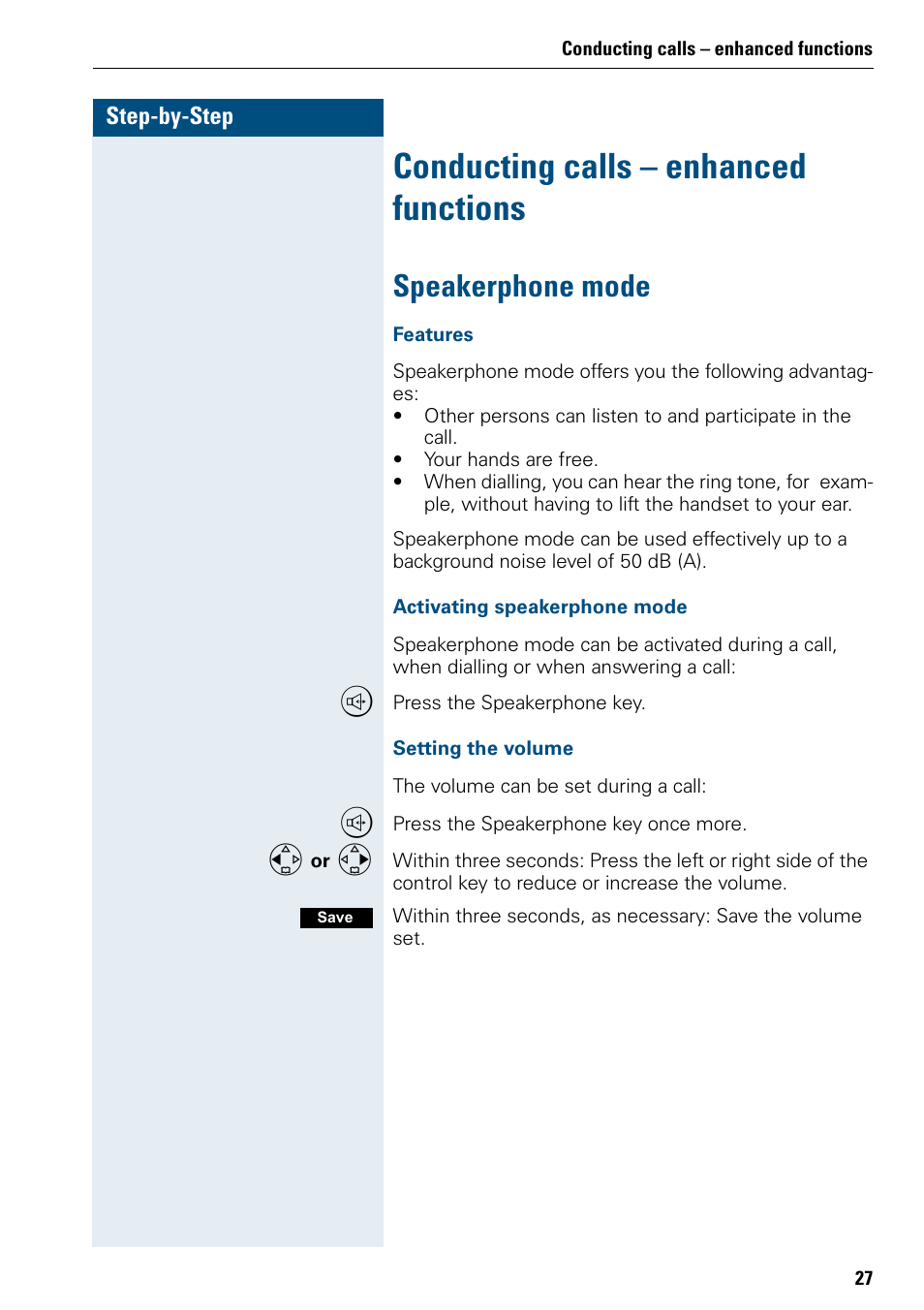 Conducting calls – enhanced functions, Speakerphone mode | Siemens 3000 V3.0 User Manual | Page 35 / 106