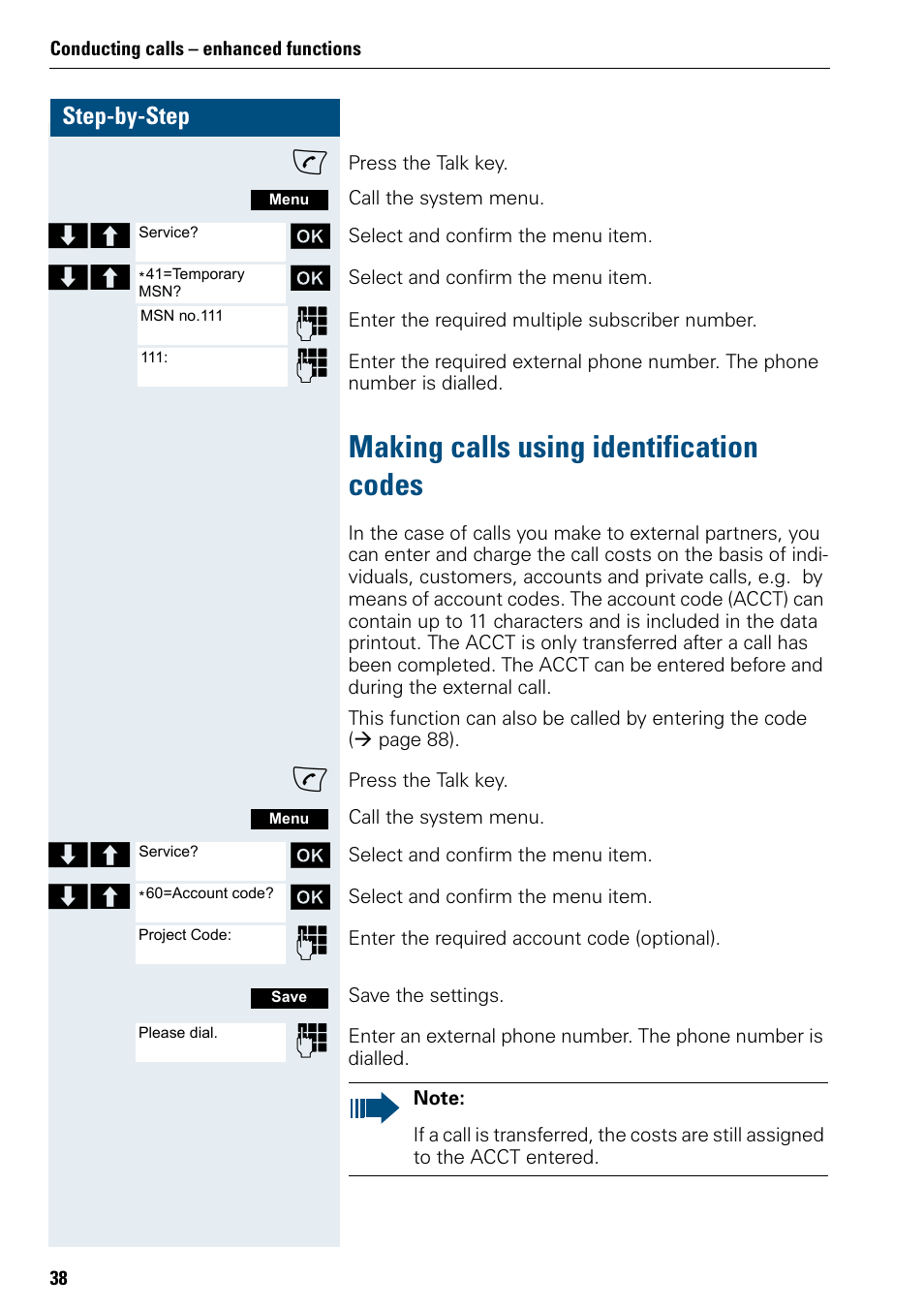 Making calls using identification codes, Step-by-step | Siemens 3000 V3.0 User Manual | Page 46 / 106