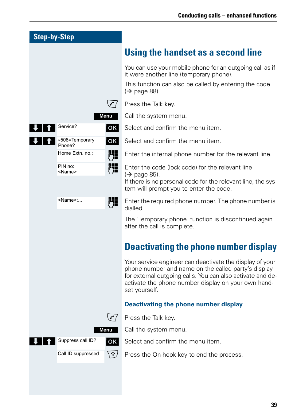 Using the handset as a second line, Deactivating the phone number display | Siemens 3000 V3.0 User Manual | Page 47 / 106