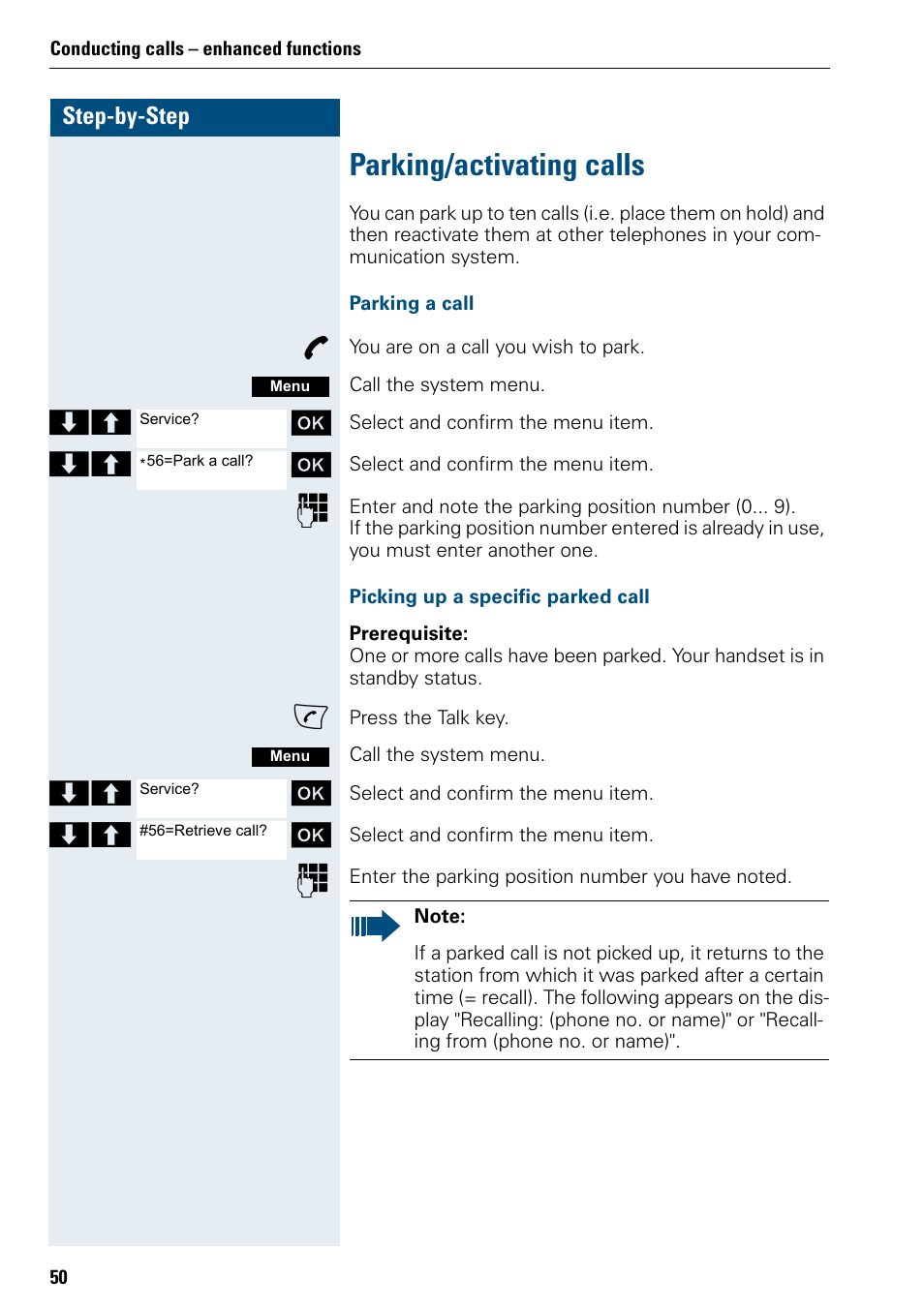 Parking/activating calls | Siemens 3000 V3.0 User Manual | Page 58 / 106