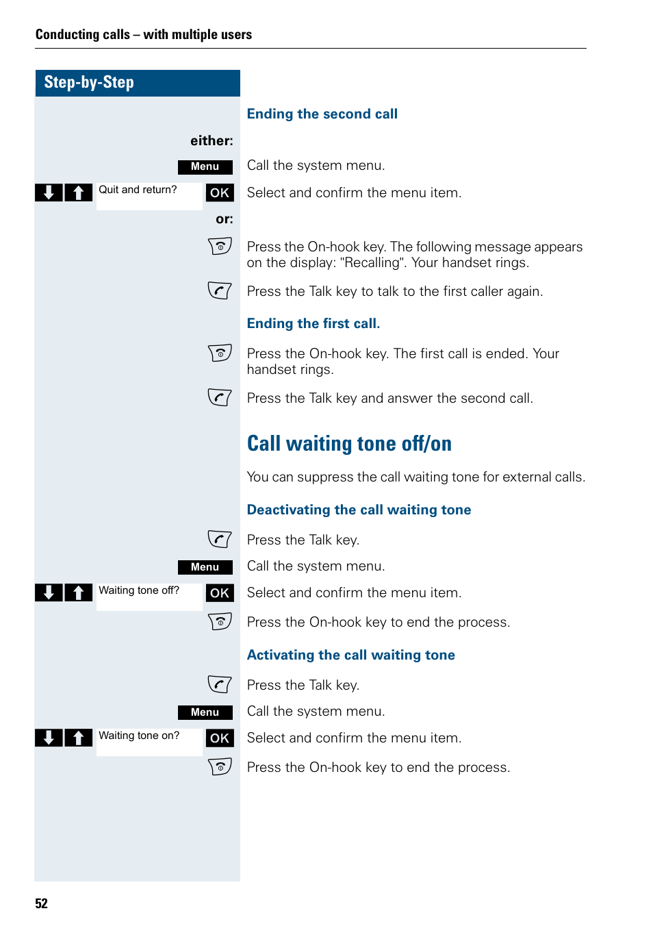 Call waiting tone off/on | Siemens 3000 V3.0 User Manual | Page 60 / 106