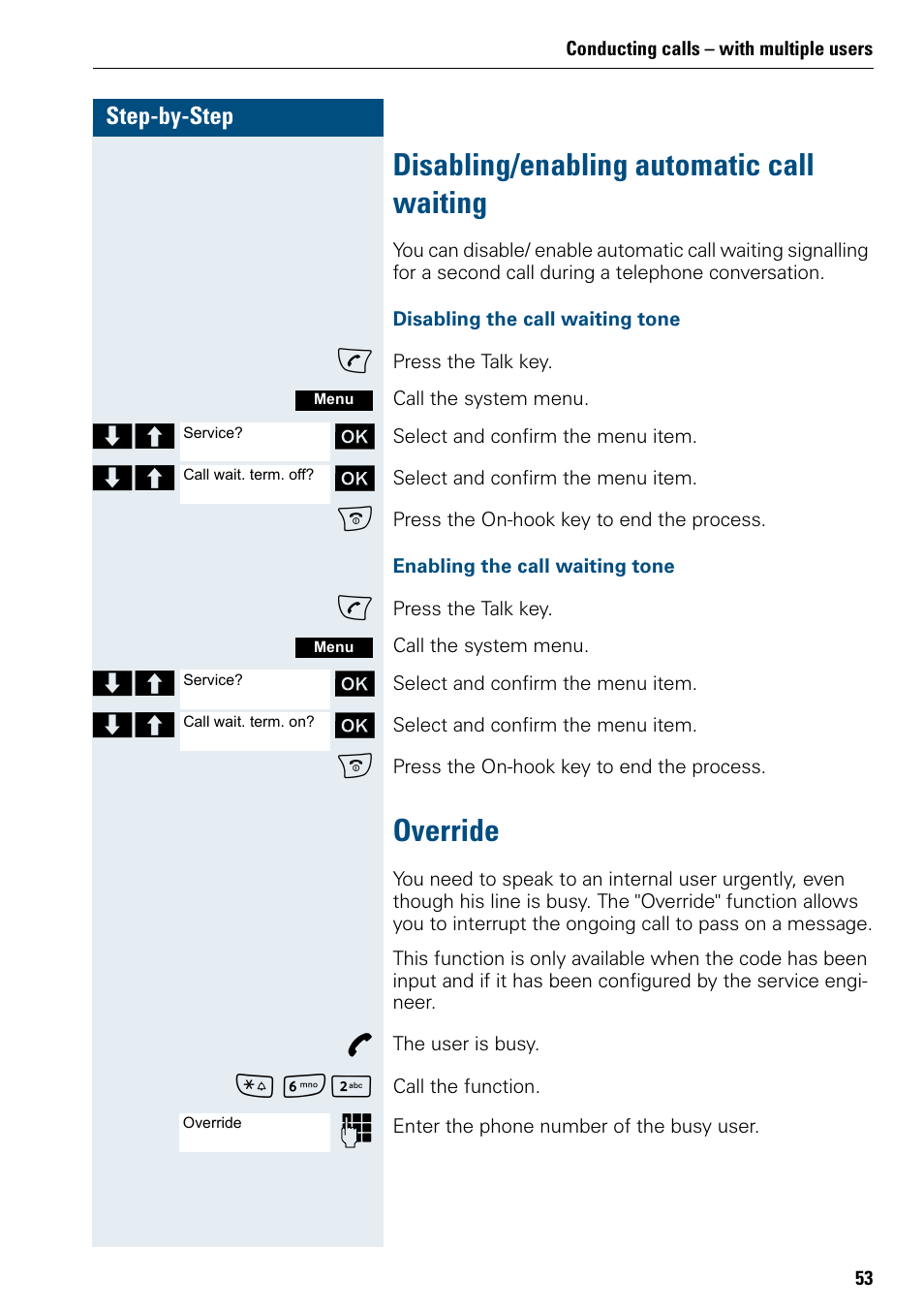 Disabling/enabling automatic call waiting, Override, Disabling/enabling automatic call waiting override | Siemens 3000 V3.0 User Manual | Page 61 / 106