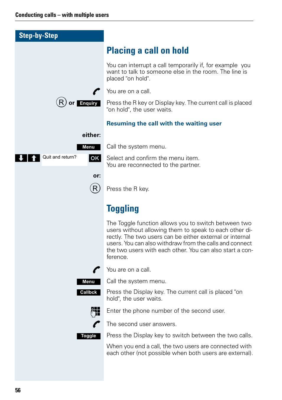 Placing a call on hold, Toggling, Placing a call on hold toggling | Siemens 3000 V3.0 User Manual | Page 64 / 106