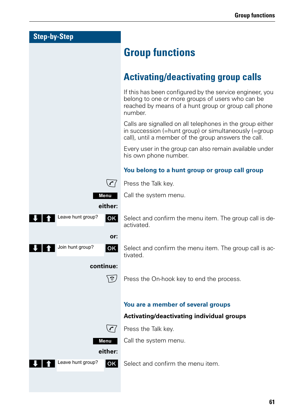 Group functions, Activating/deactivating group calls | Siemens 3000 V3.0 User Manual | Page 69 / 106