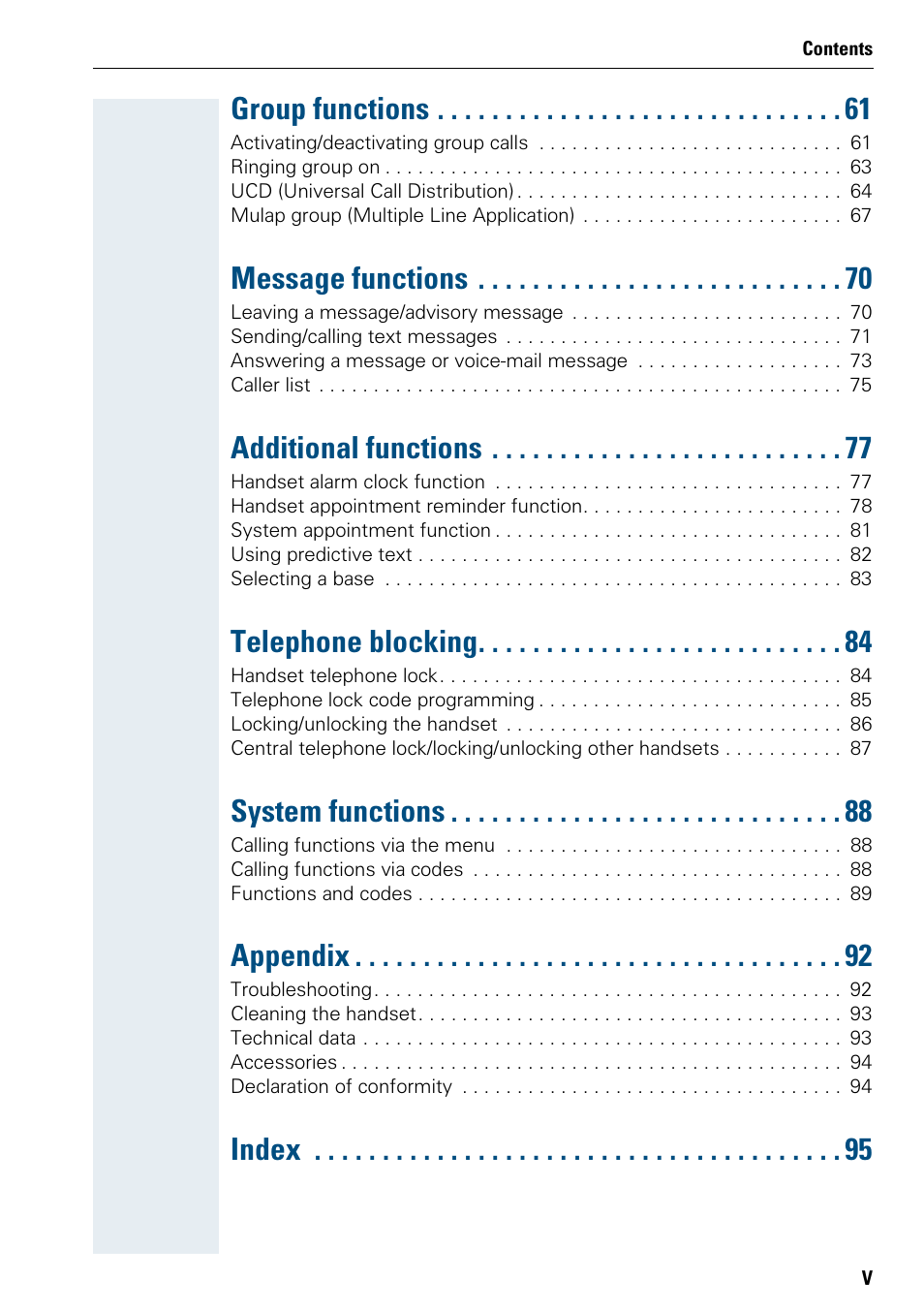 Group functions, Message functions, Additional functions | Telephone blocking, System functions, Appendix, Index | Siemens 3000 V3.0 User Manual | Page 7 / 106