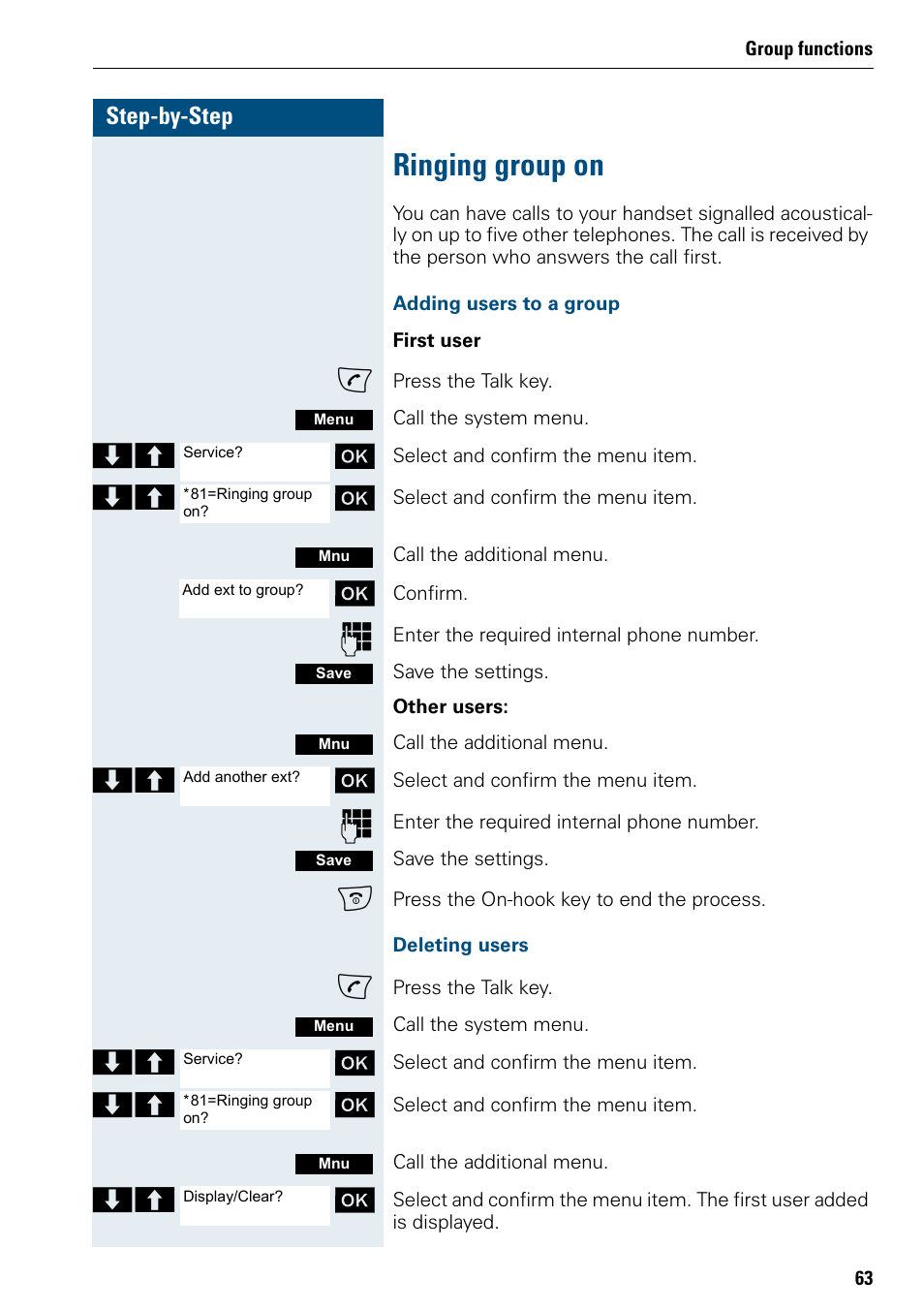 Ringing group on, Step-by-step | Siemens 3000 V3.0 User Manual | Page 71 / 106